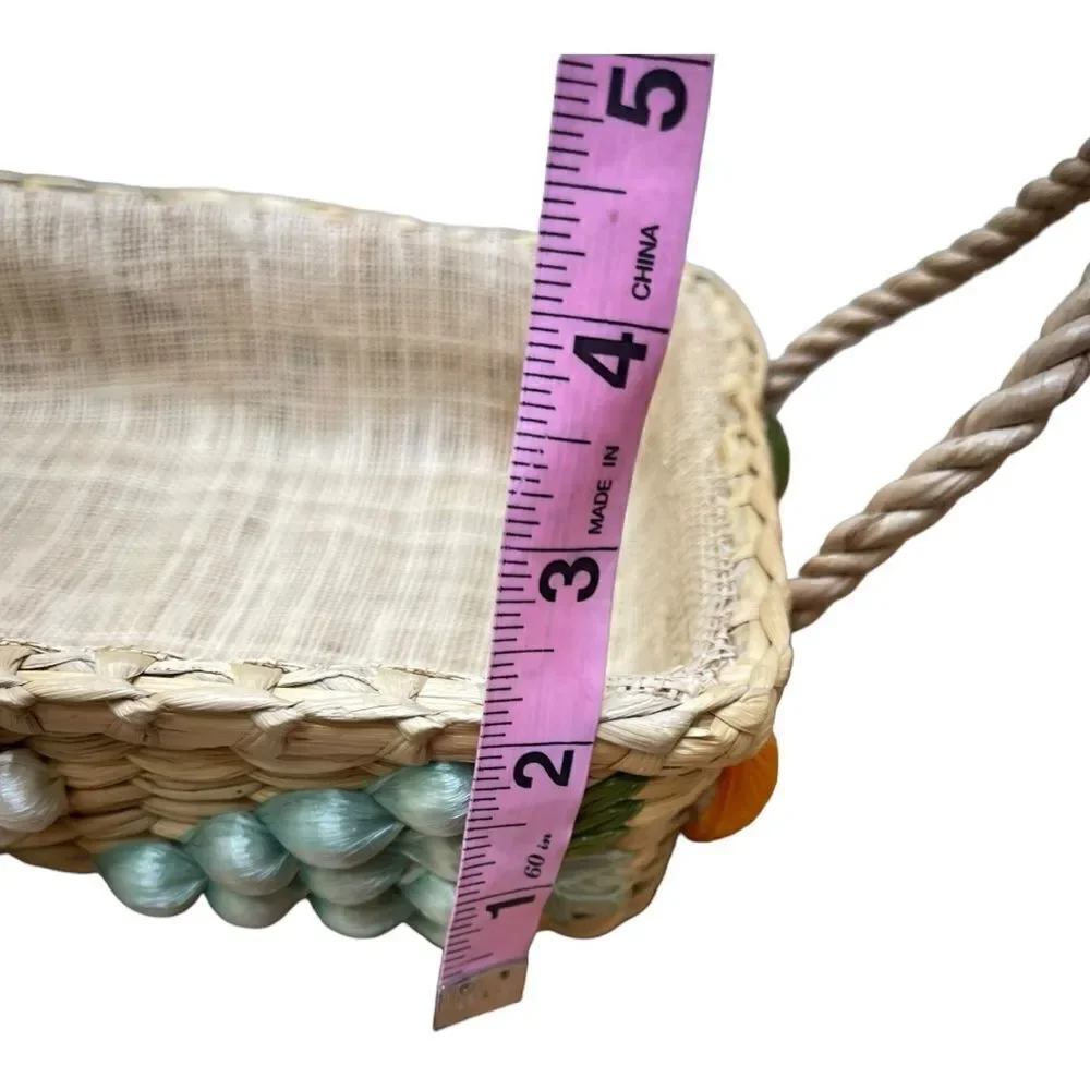 Vintage Cottage Fruit Basket Woven Raffia Harvest Centerpiece Decor